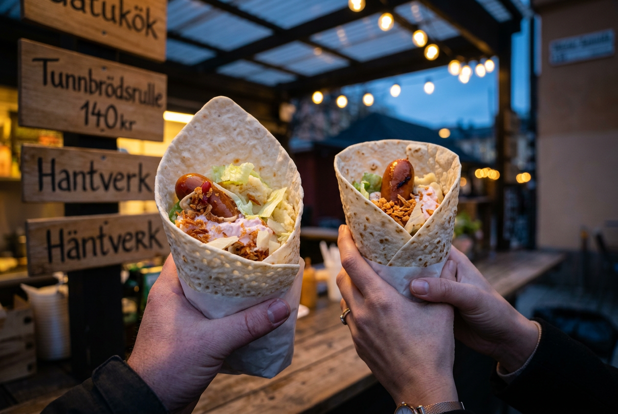 Two Rullé wraps held at a street food kiosk